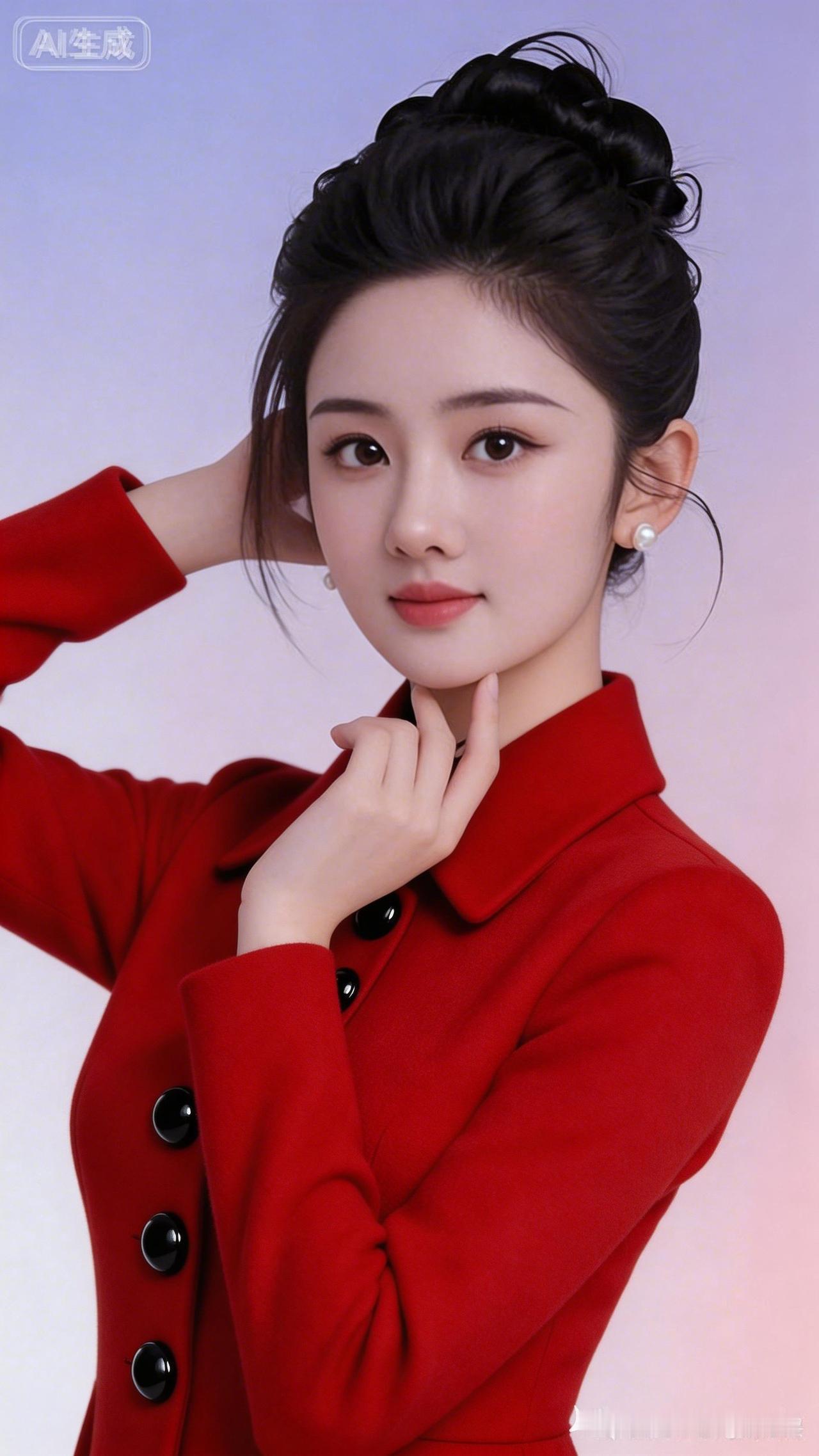 绝美女子身着红色高级紧身真丝翻领毛呢长袖，衣身竖排缀有五颗硕大光滑、质感亮泽的黑