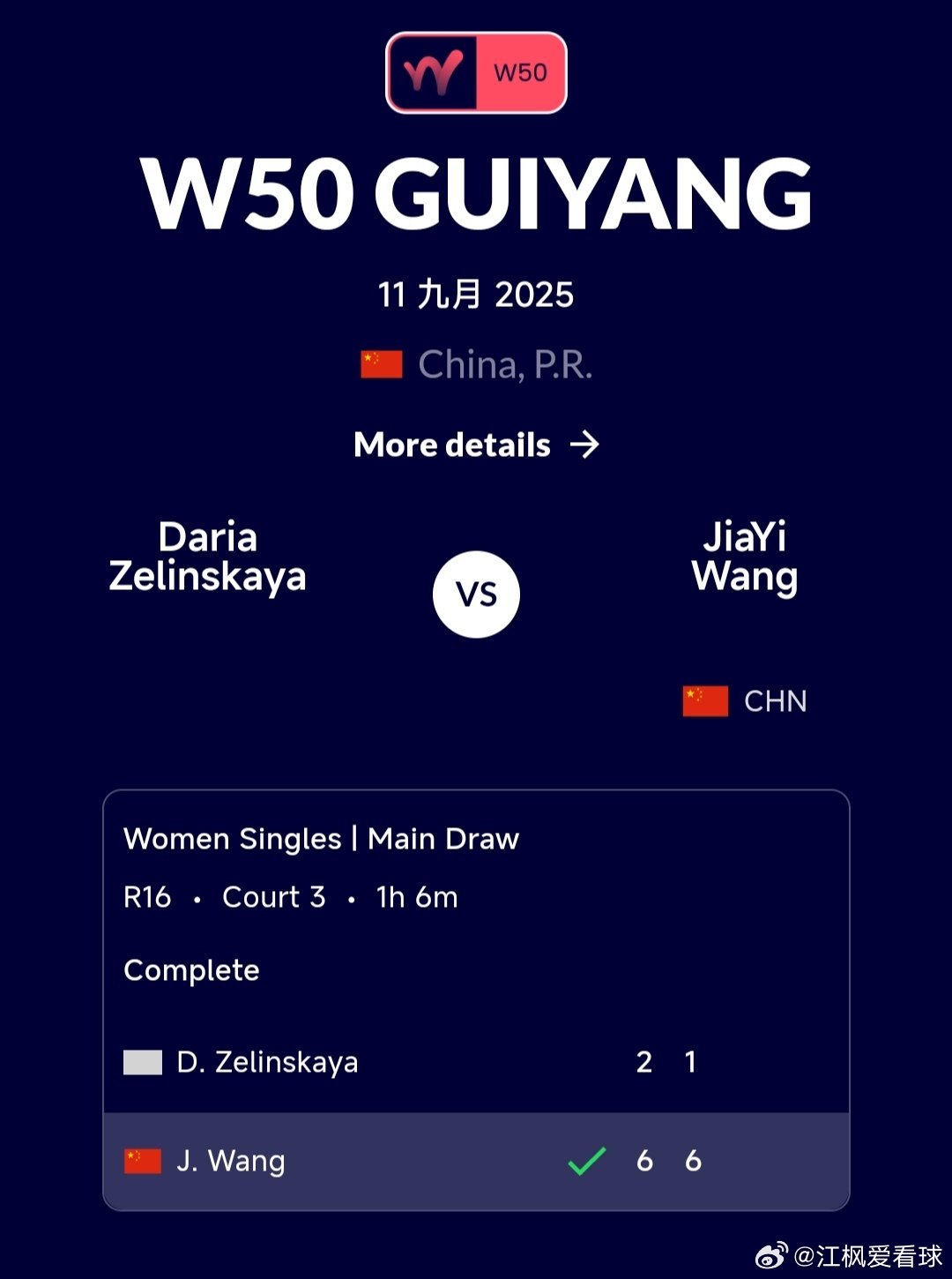 W50贵阳站🇨🇳女单第二轮资格赛晋级的18岁小将王嘉怡6-2/6-1战胜泽林