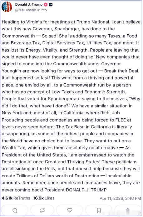 【黄金时代】川普哀叹，很多人把票投给了弗吉尼亚新民主党州长，然而弗吉尼亚加了一堆