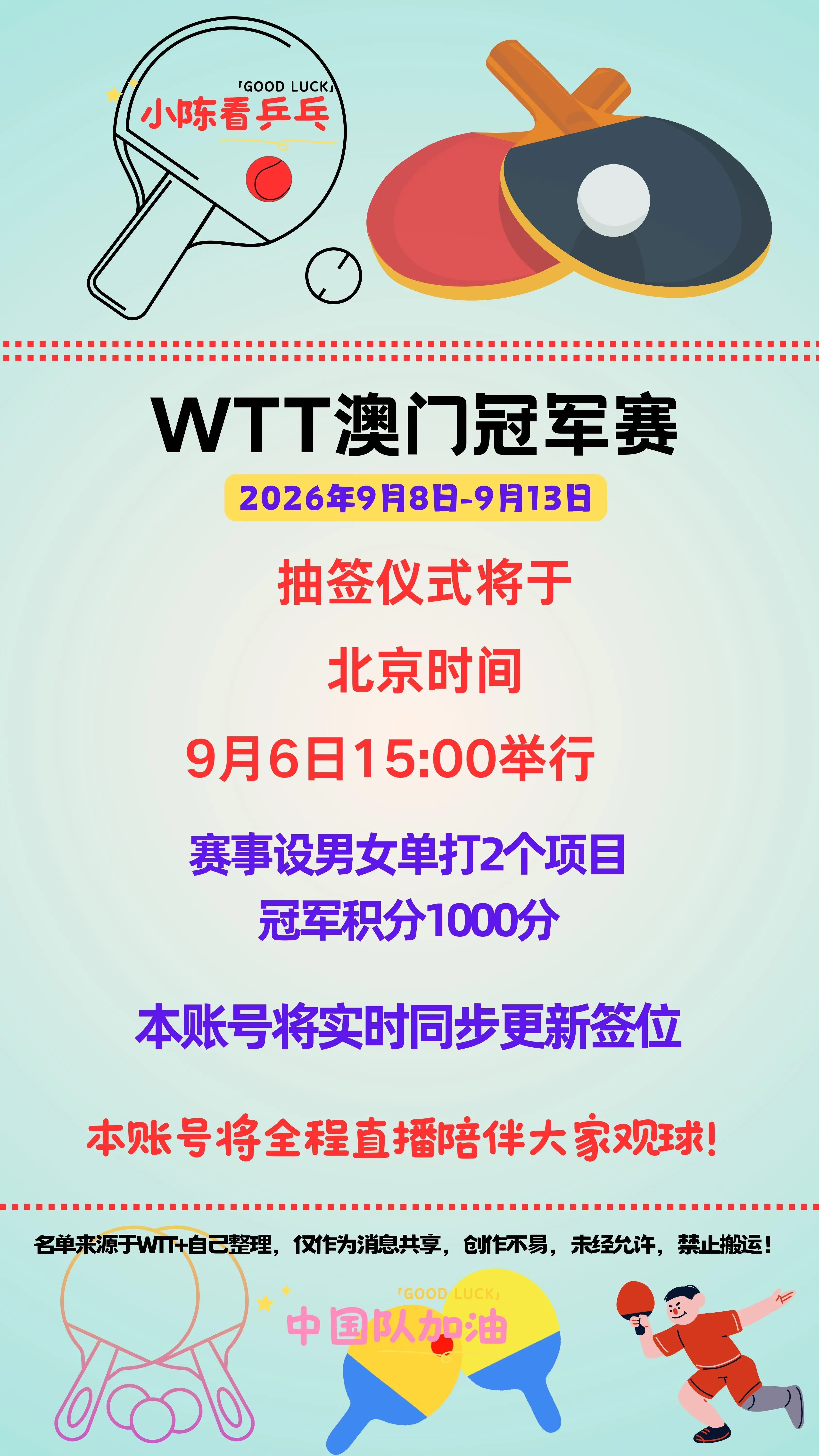 WTT澳门冠军赛9月6日15点抽签仪式。WTT澳门冠军赛抽签仪式北京时...
