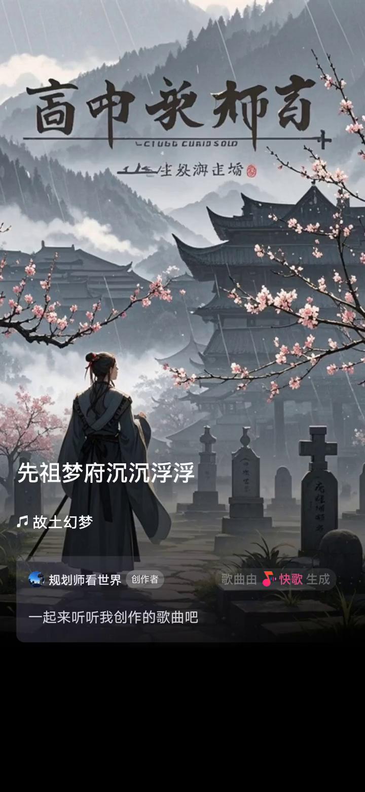 快歌生成。
规划师看世界创作者。
歌曲由快歌生成，一起来听听我创作的歌曲。
拜祖