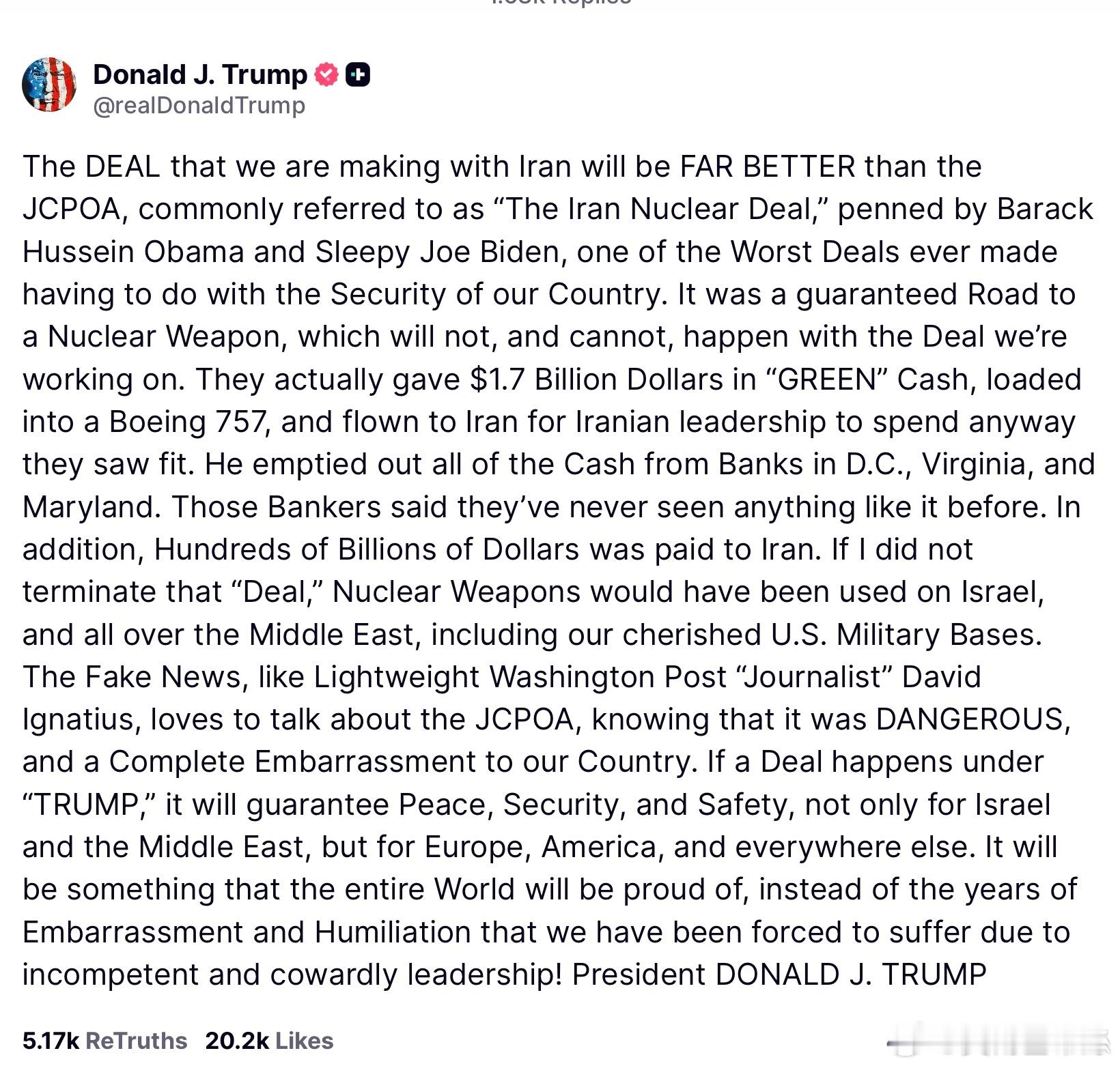 川普：我們與伊朗達成的協議將遠勝於歐巴馬和拜登簽署的《聯合全面行動計畫》（JCP