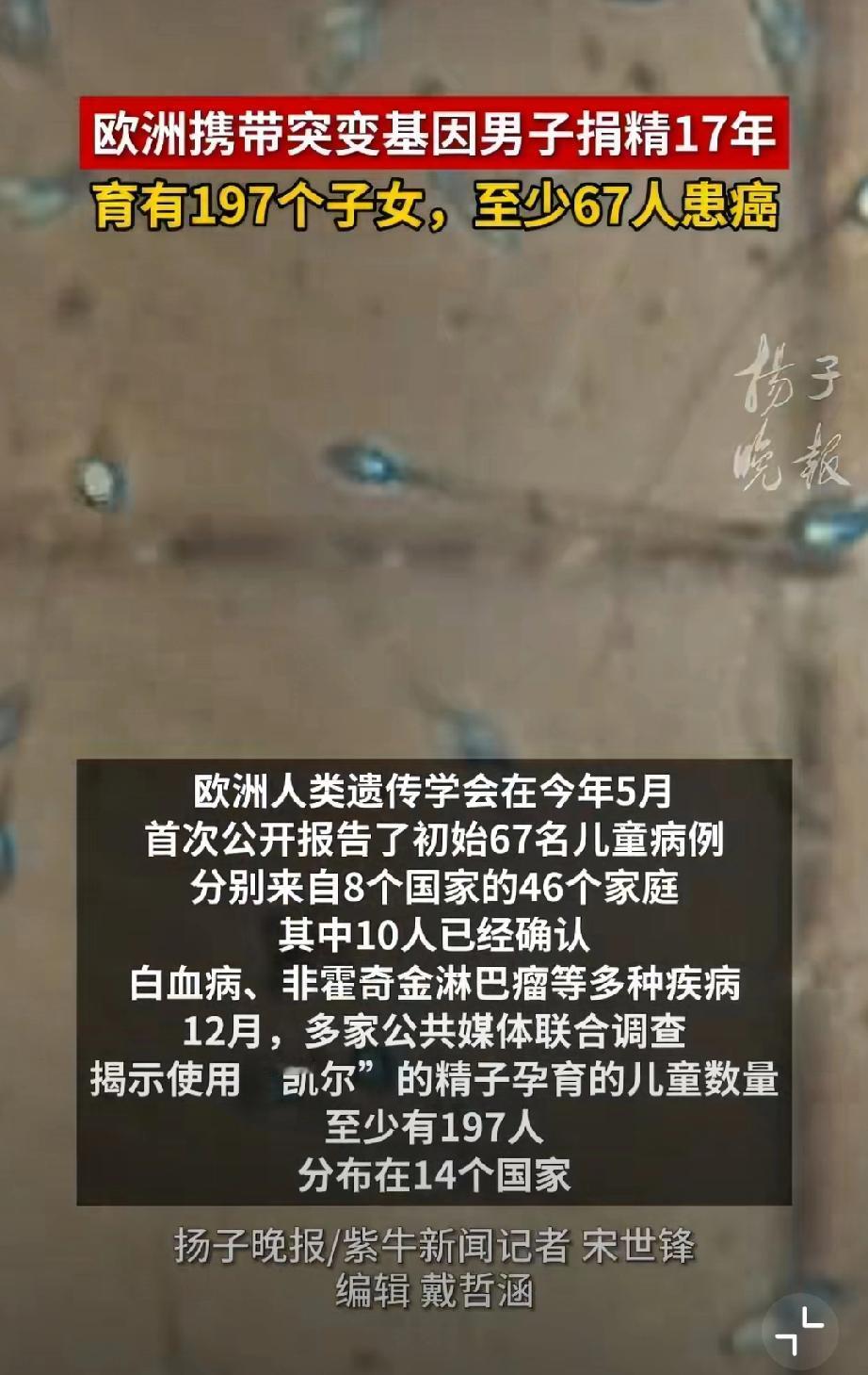 欧洲有致癌基因男子捐精17年。看了下，果然是国内热衷买的北欧人，他至少育有197