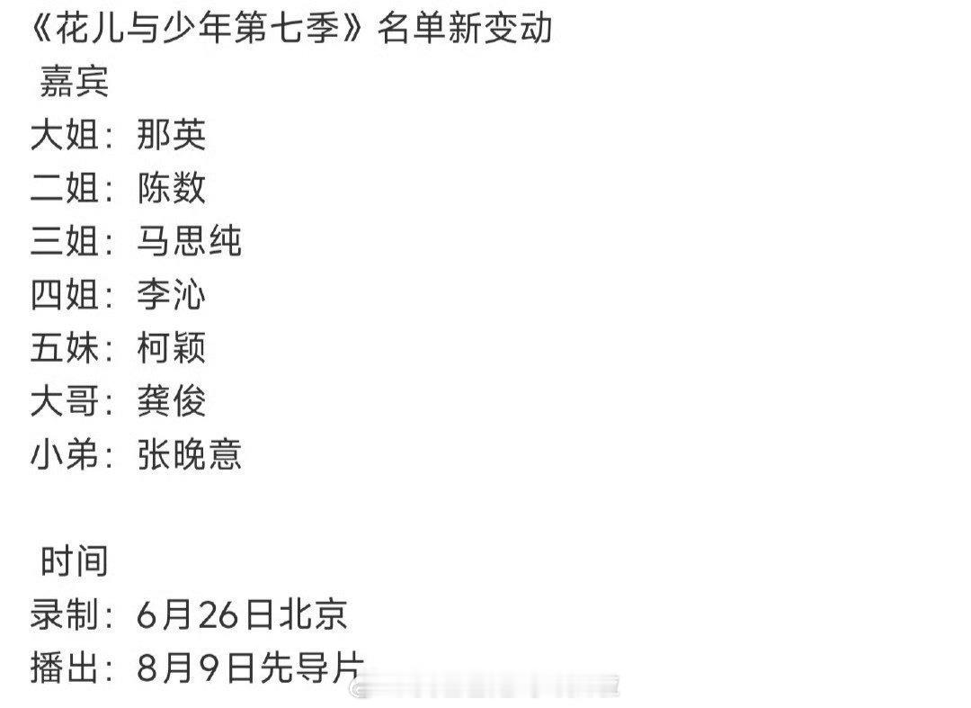 《花儿与少年7》最新阵容那英，陈数，马思纯，李沁，柯颖，龚俊，张晚意。四花两少年