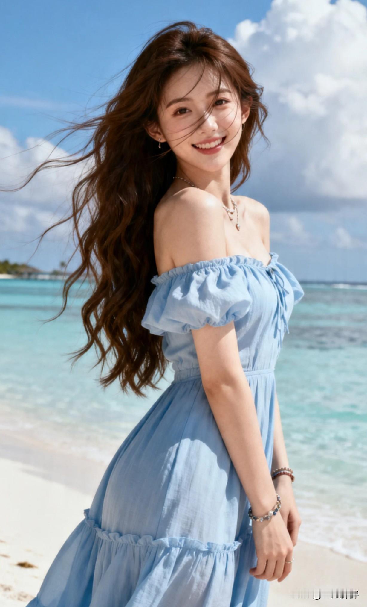 夏日海滩的甜美笑容，浅蓝色连衣裙随风飘扬，海浪轻拍脚边，阳光洒满全身。这样的穿搭