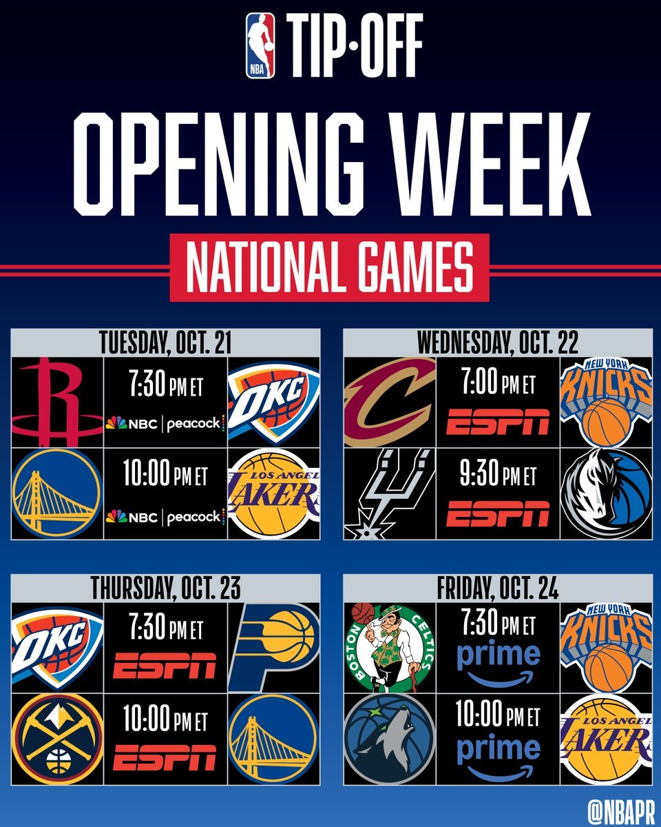 NBA揭幕战揭幕周全国赛事10月21日（周二）晚上7:30（东部时间） NBC/