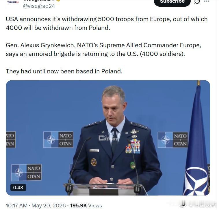 美国宣布将从欧洲撤出5000名士兵，其中4000人将从波兰撤离。北约欧洲盟军最高