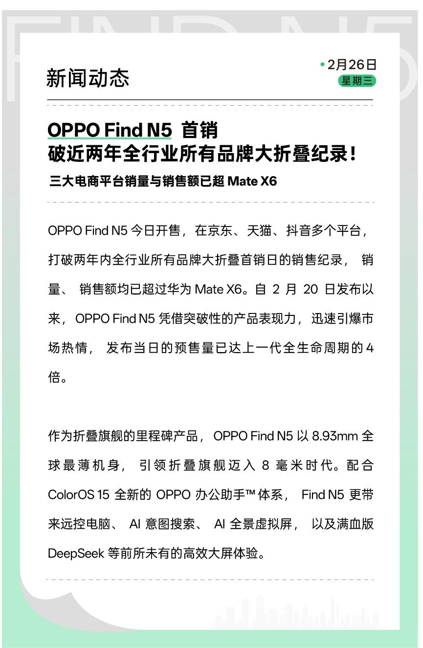 OPPO Find N5首销日的成绩消息，打破了近两年全行业所有品牌大折叠纪录，