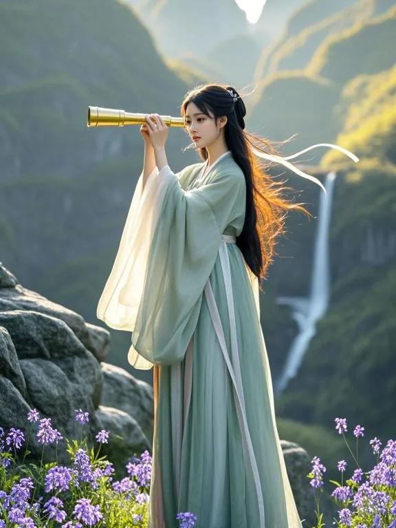 春日生活打卡季汉服少女凭栏远眺层峦叠嶂，丝绸发带随风轻扬，手持鎏金望远镜观察山间