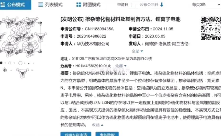 这就是为什么要支持华为的原因了！

华为公布固态电池专利：《掺杂硫化物材料及其制