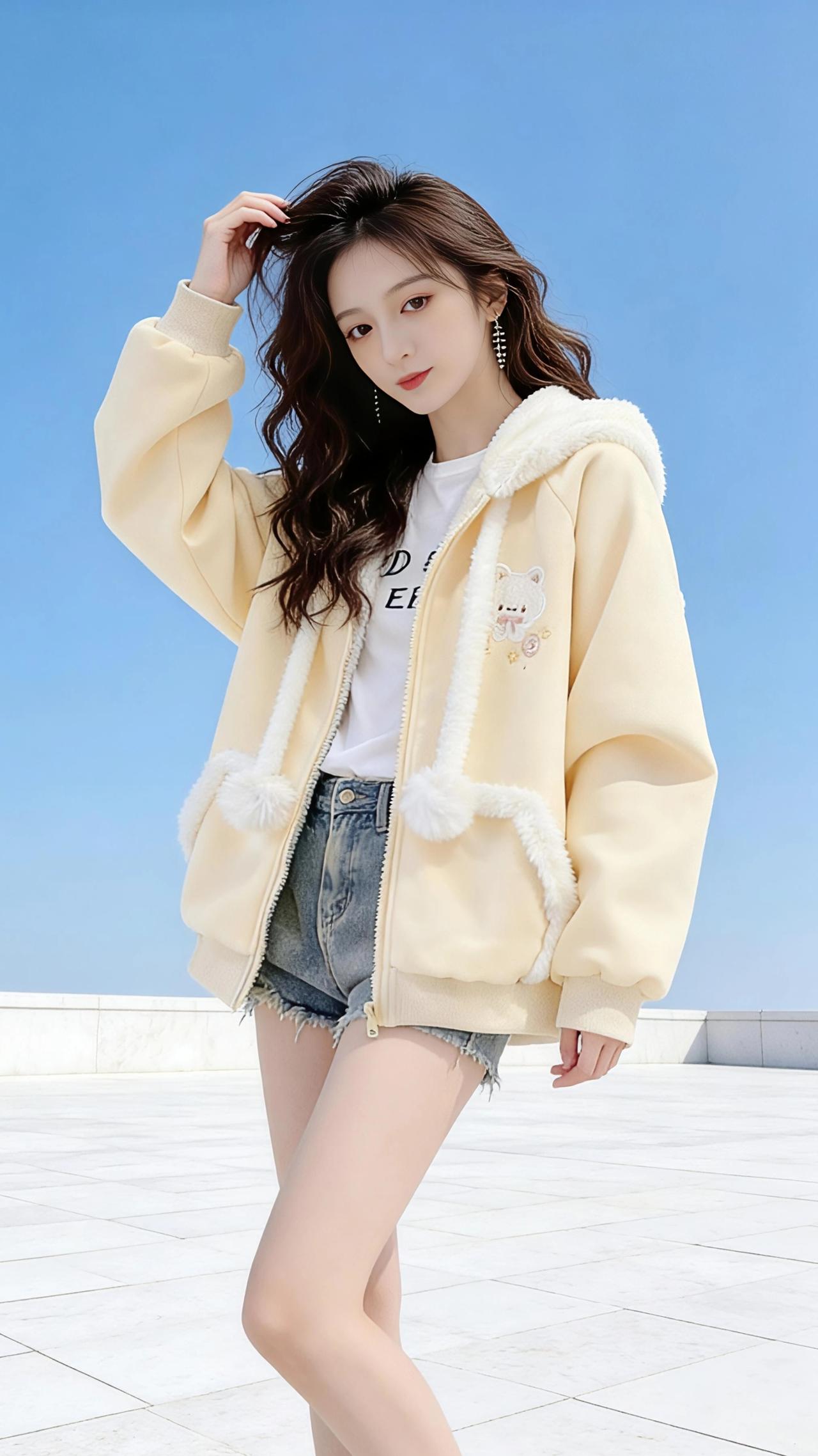 浅黄与晴日
 
风穿过天台的白砖，把浅黄外套的绒毛吹得轻轻晃。她站在晴得发亮的蓝