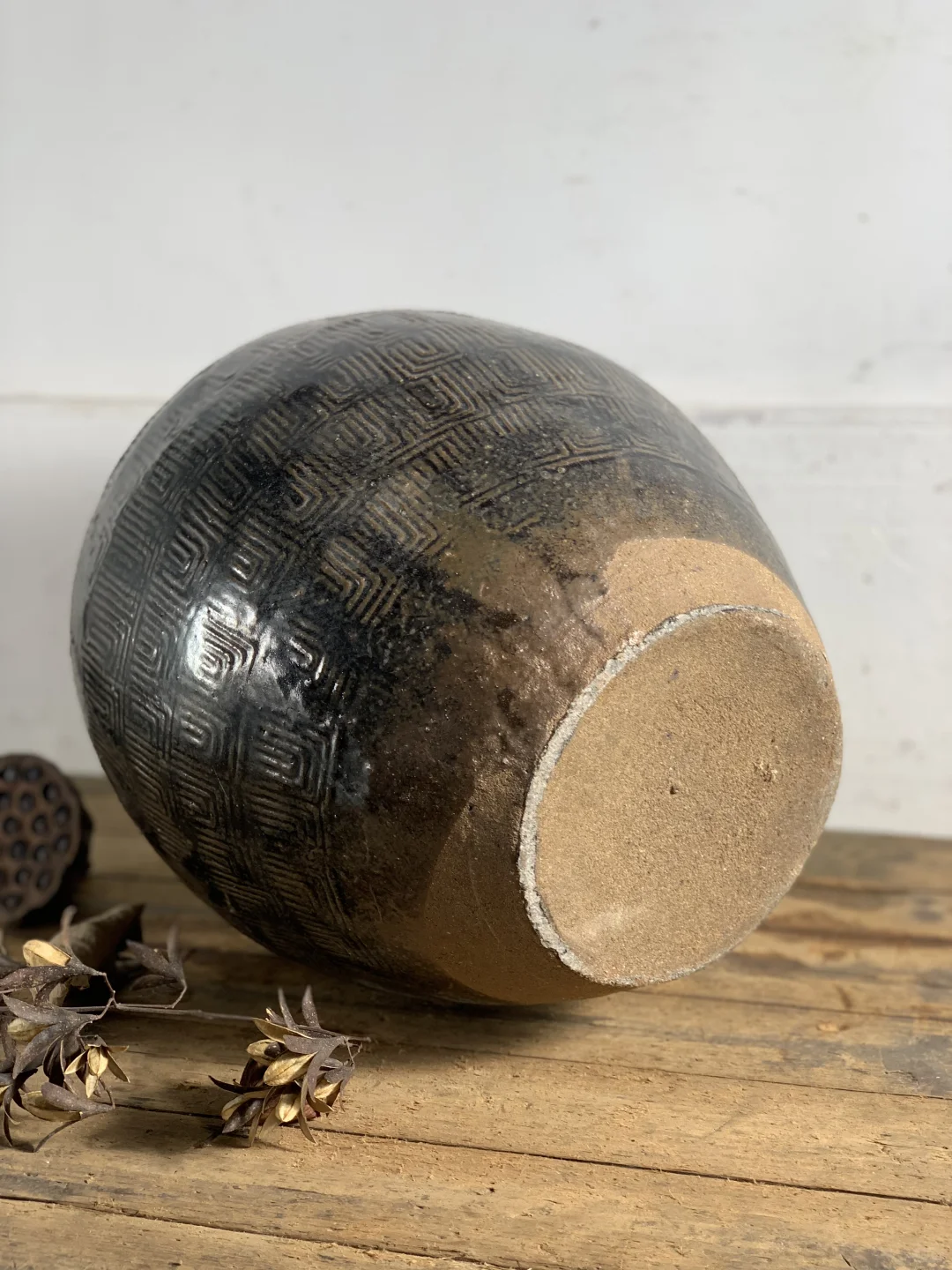 回纹老陶罐，民宿、茶室插花极简侘寂摆件。