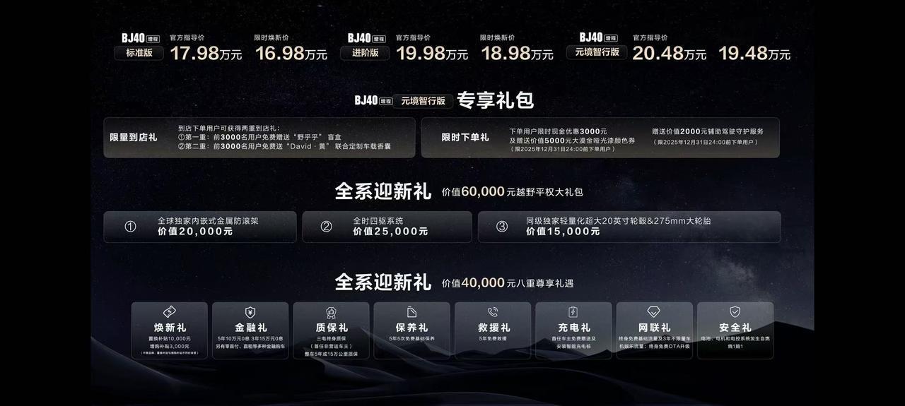 车盟快讯：今晚，BJ40增程元境智行正式上市，新车限时焕新价19.49万，现在下