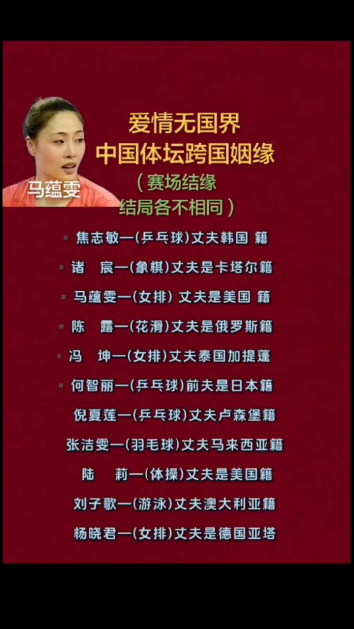 爱情无国界，中国体坛跨国姻缘(赛场结缘)。
·马蕴雯，结局各不相同。
·焦志敏，