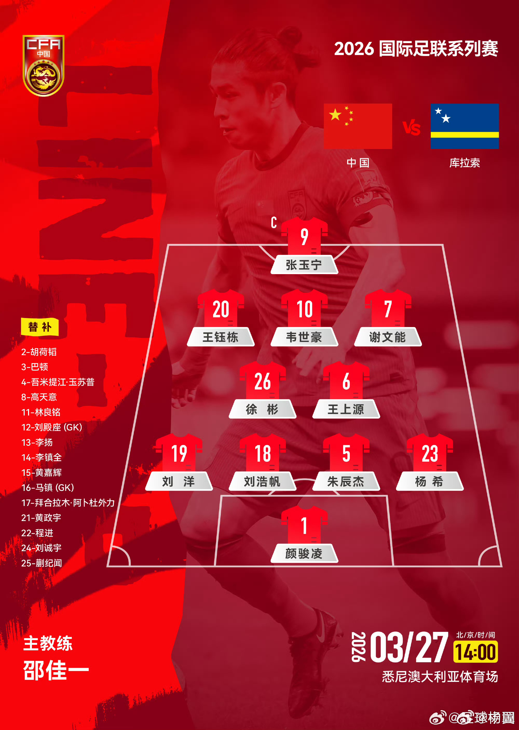 朱辰杰继续首发出战。上海申花中国男足