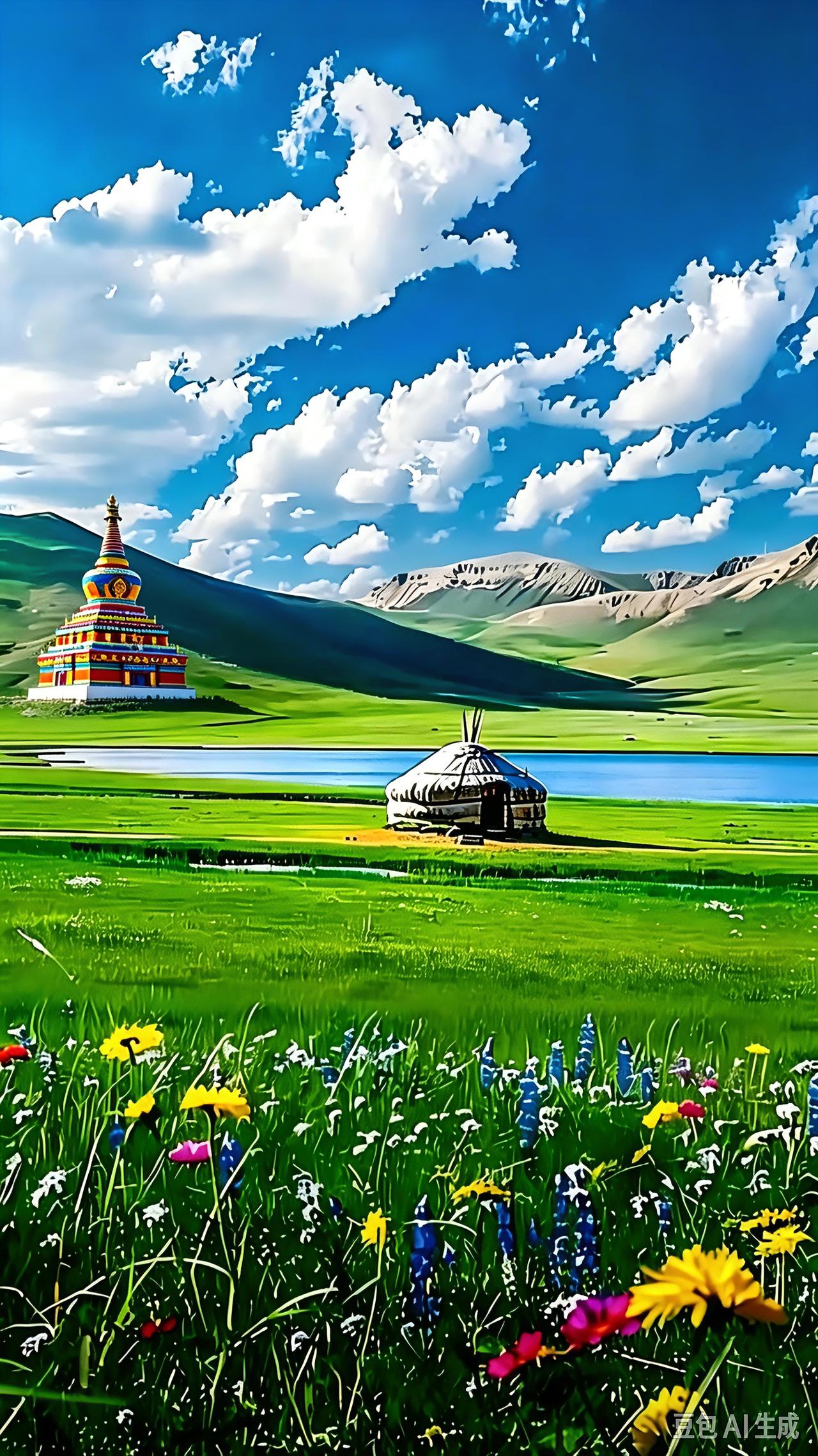 蓝天白云下的草原美如画卷。澄澈的云天舒展在广袤的大草原上☁️
嫩草漫野青碧，野花
