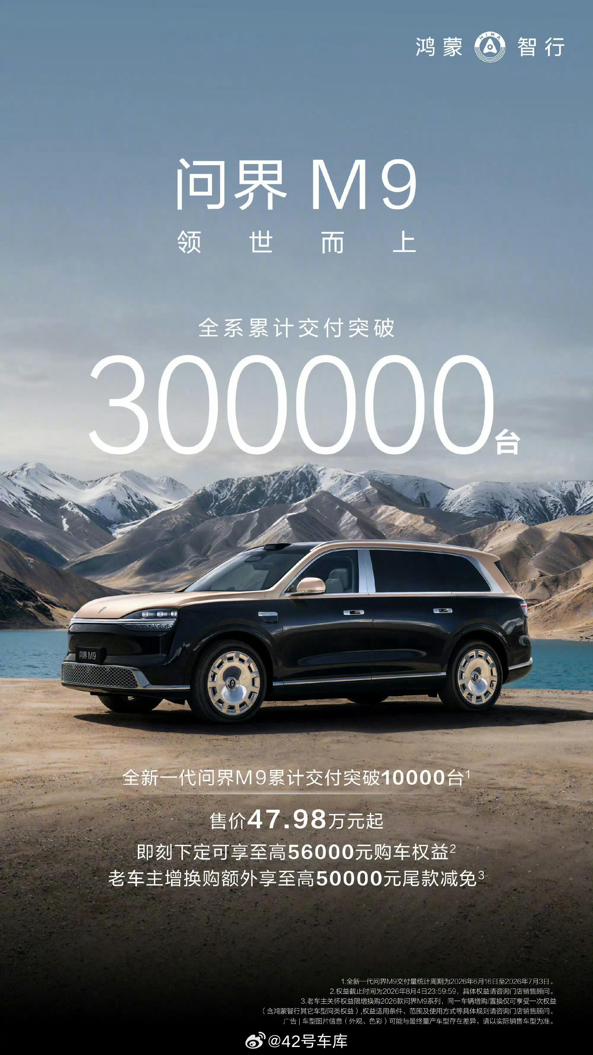 问界M9 全系累计交付破 300000 台。要知道这台车售价在40万以上。这个价