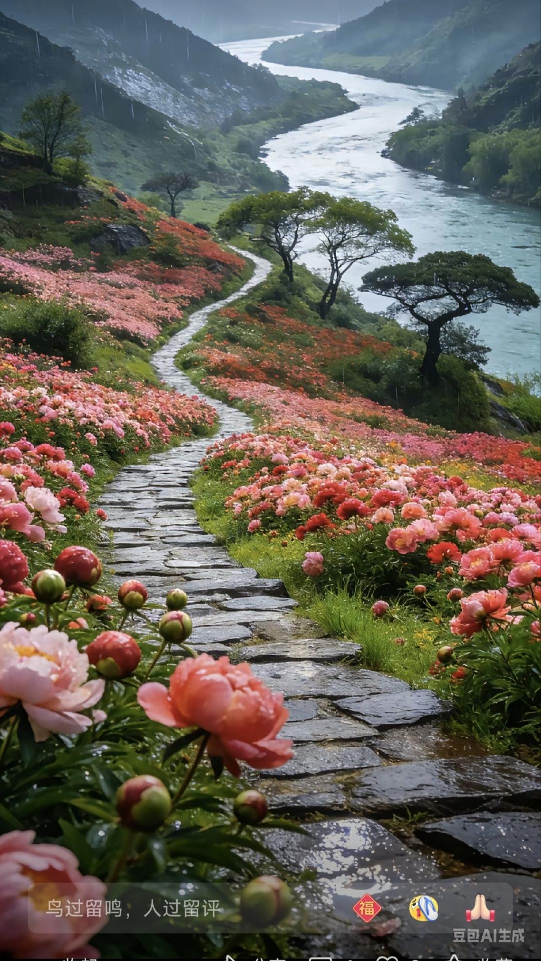 清江引·春行
石径弯弯花似海，
江水环山带。
雨润花自开，
莺语枝头闹，
一派春