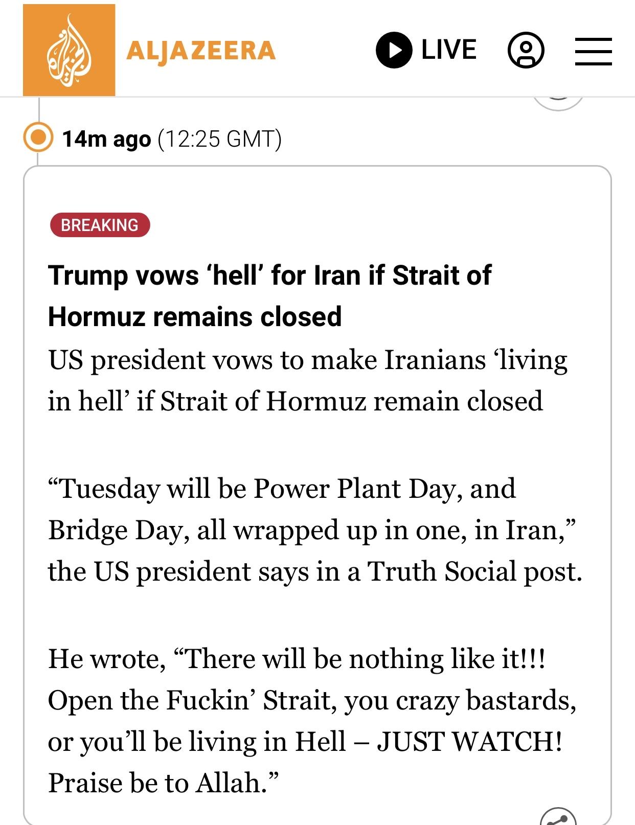 半岛电视台：特朗普疯狂叫骂”你们这些疯子混蛋”

卡塔尔半岛电视台官网4月5日报