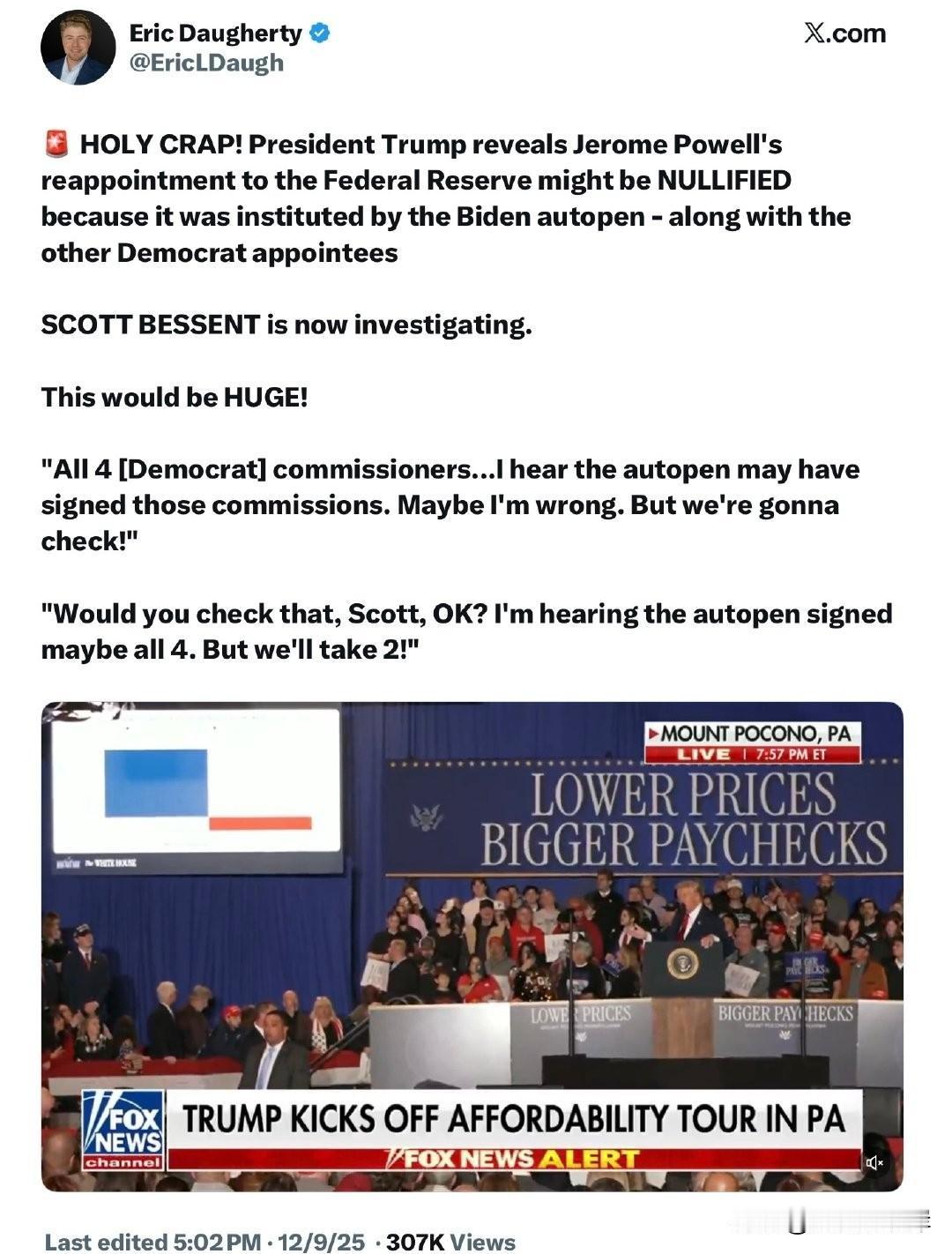 天哪！川普总统透露，Jerome Powell被重新任命为联邦储备委员会成员的决