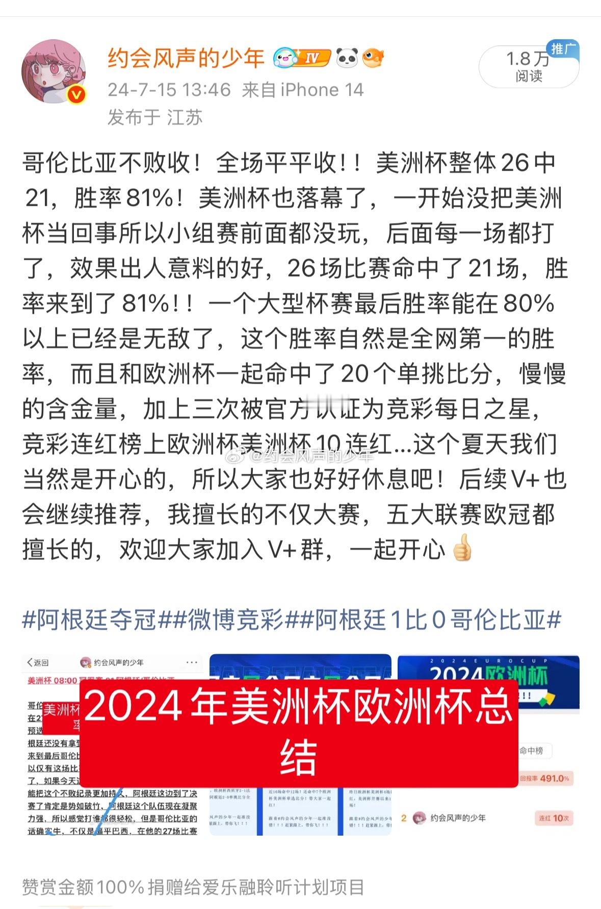 上一届大赛24年的时候欧洲杯+美洲杯命中了20个单选比分，微博官方评定为欧洲杯之