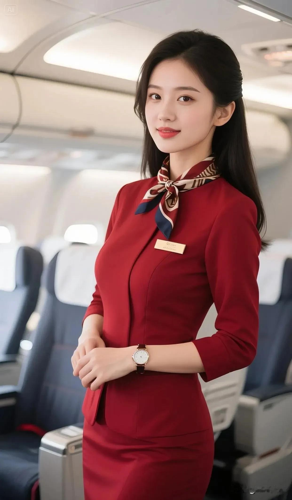 什么年龄段的女人最有女人味?
机舱里的红装利落优雅，丝巾与腕表衬出专业温度，眉眼