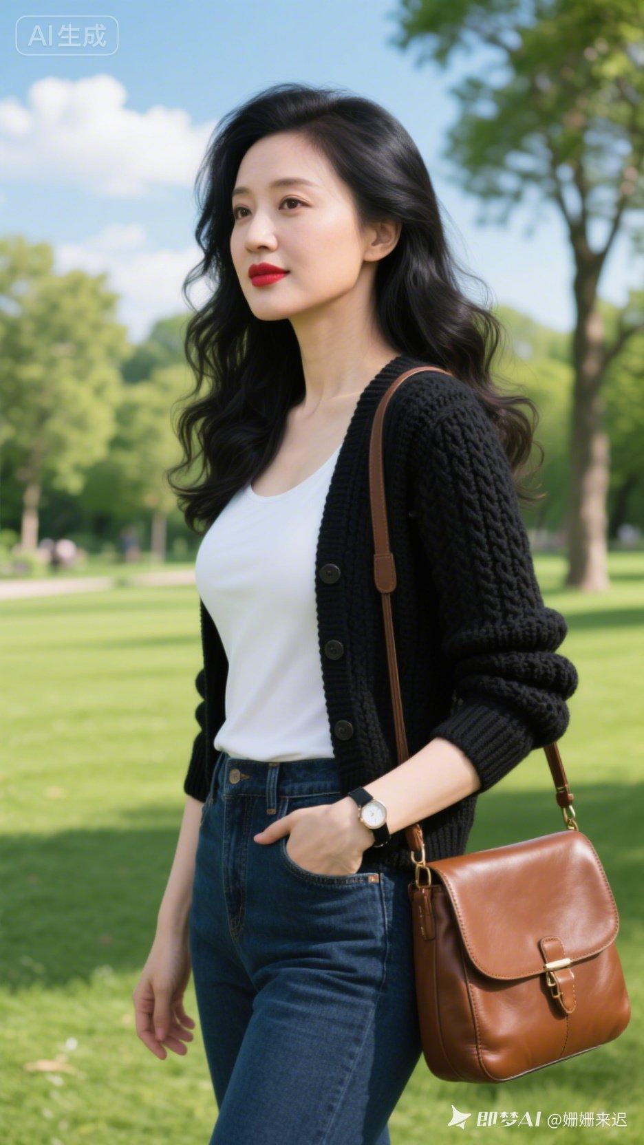 绿树阴中见美人，红妆素裹映芳春。