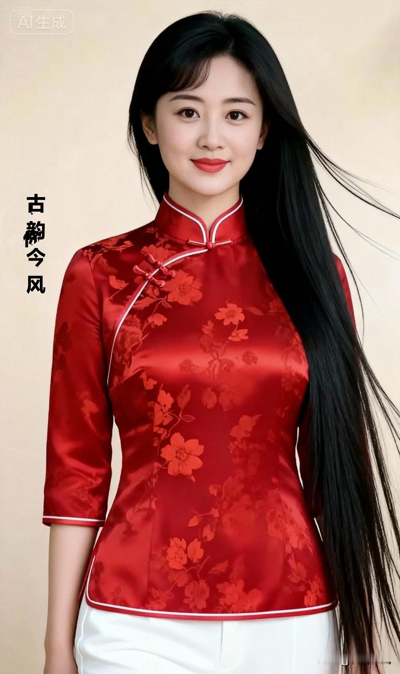 《古韵今风红衣佳人》
红衣立领映芳华，
墨发如丝衬玉霞。
古韵今风融雅韵，
嫣然
