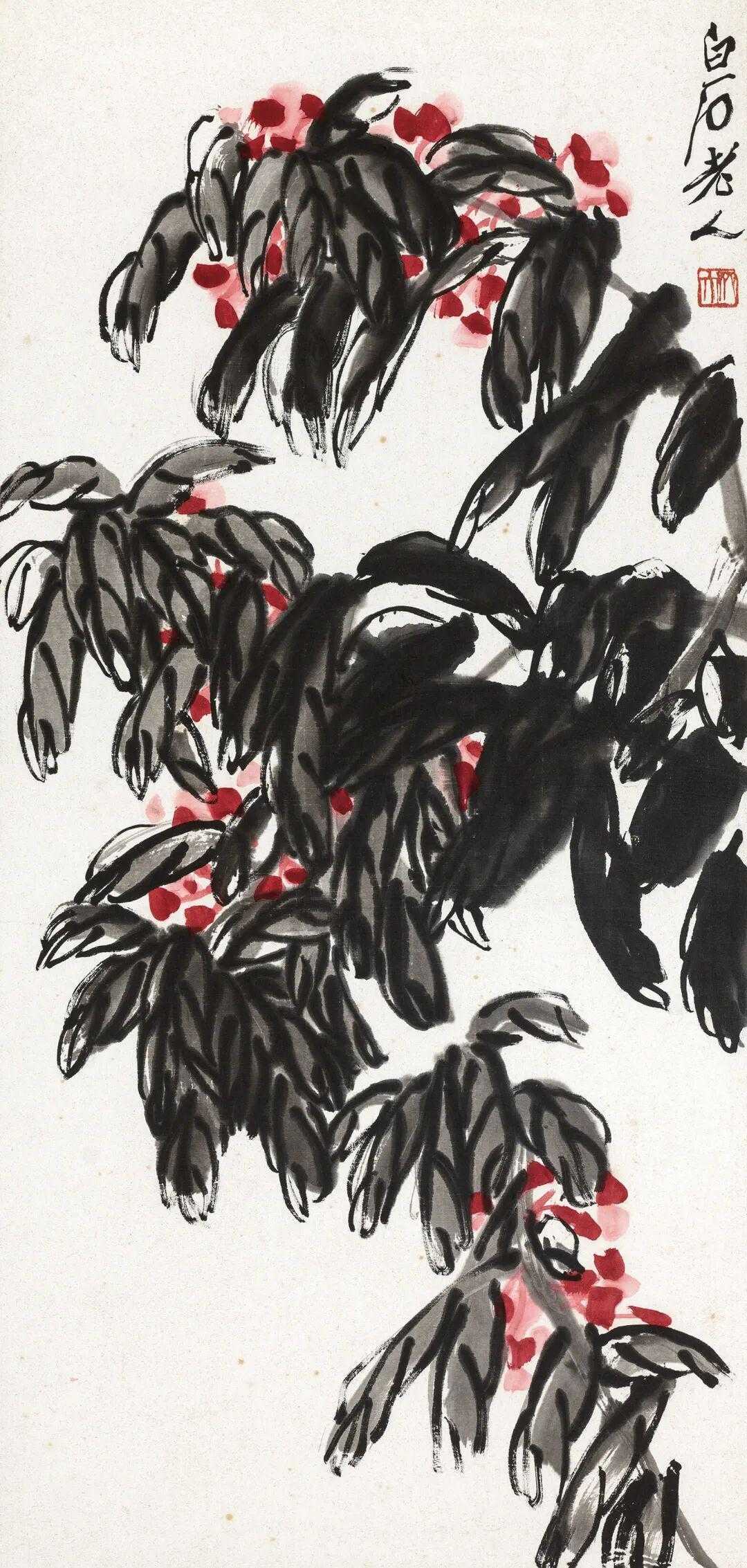 齐白石 富贵延年四屏。此套可称齐白石红花墨叶派之典型，四屏分写荷花、海棠、牵牛、