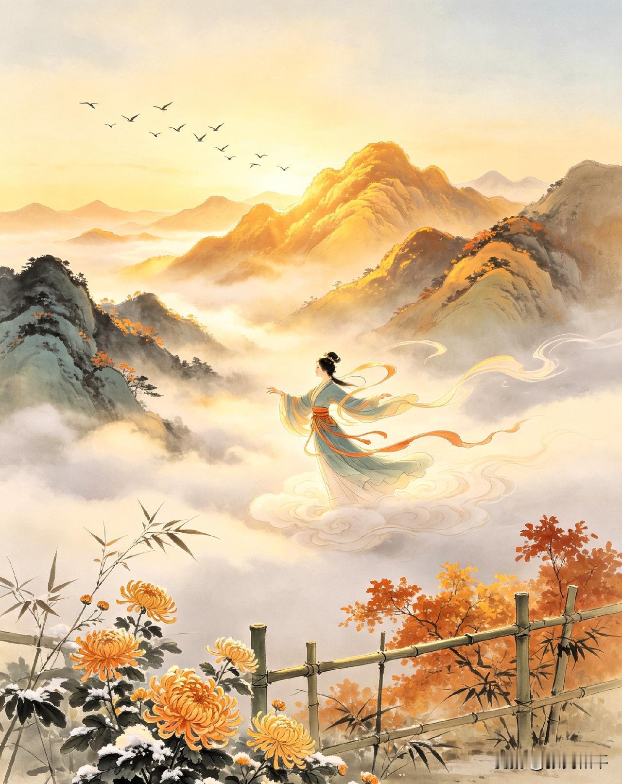 上联：旭光破雾，仙裳舞处山增色，
下联：篱畔凝霜，征雁飞时菊蕴香。
 
简析：