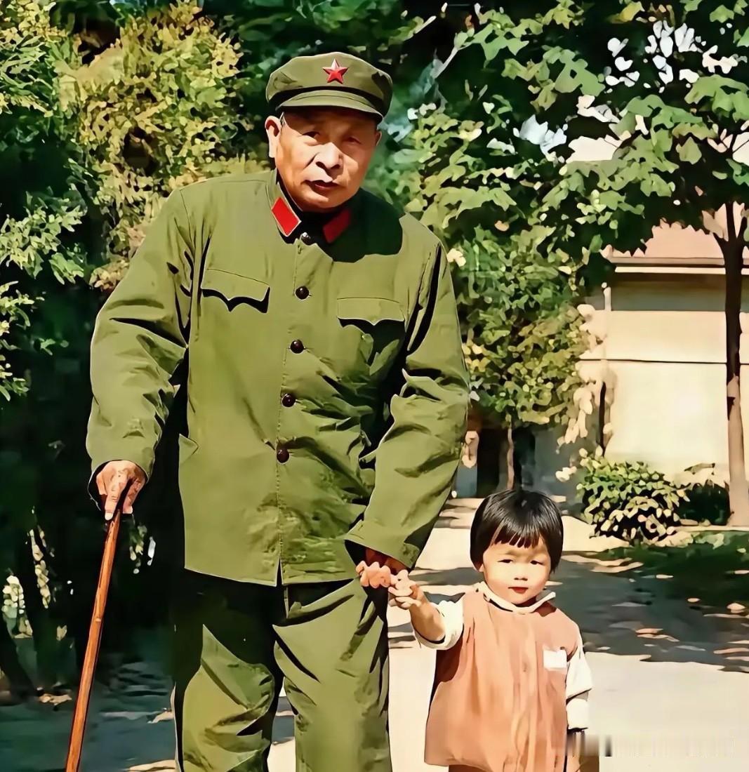 70年代，爷爷牵着孙女散步。爷爷是开国上将，手扶手杖，目光深邃，确有将帅风范。孙