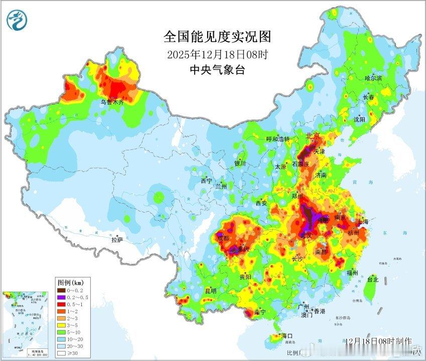 【雾和霾】昨晚到今晨，雾和霾天气继续发展增多，从华北到长江中下游地区以及四川盆地