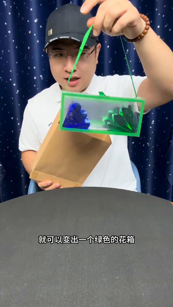 大家好，空空的纸袋。接下来空中抓一把变，瞬间从纸袋里边就可以变出一个绿色的花香。