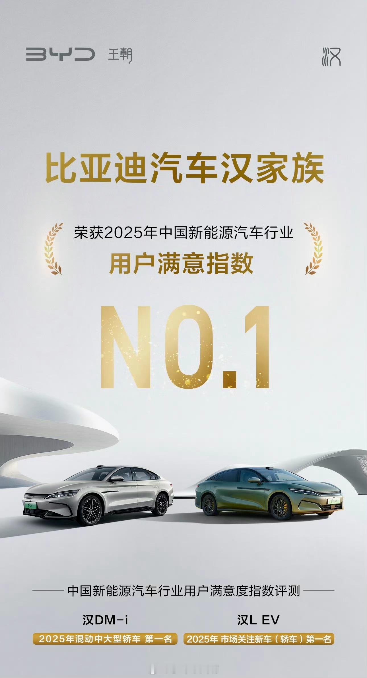 中国质量协会2025用户满意度测评结果发布！ 汉DM-i 荣获混动中大型轿车用户