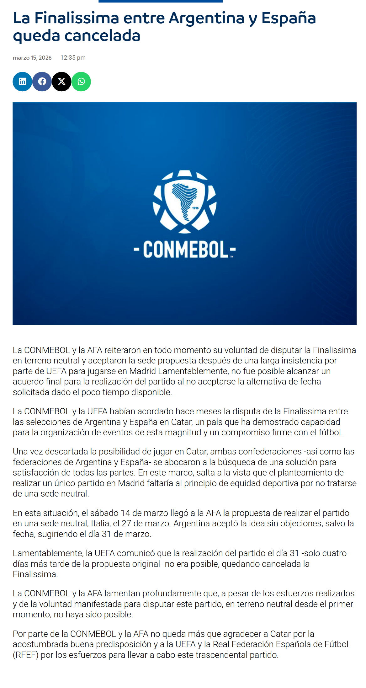 南美足联发布声明宣布欧美杯的比赛取消！南美足联和阿根廷足协始终重申他们愿意在中立