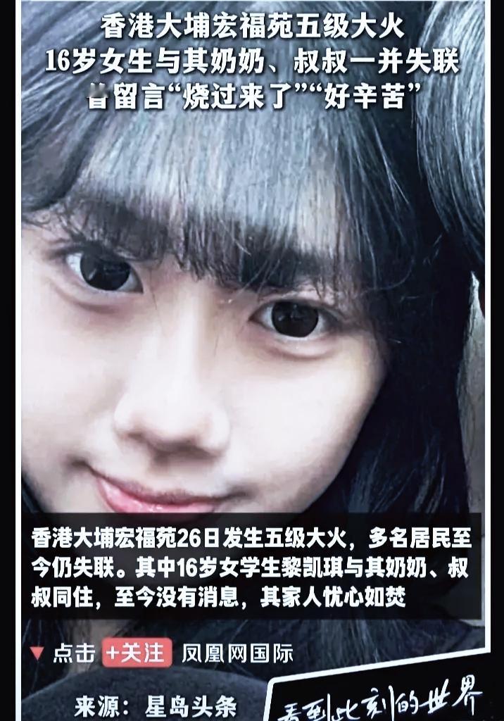 香港大埔宏福苑火灾寻人启事
 
11月26日香港大埔宏福苑突发五级大火，一名16