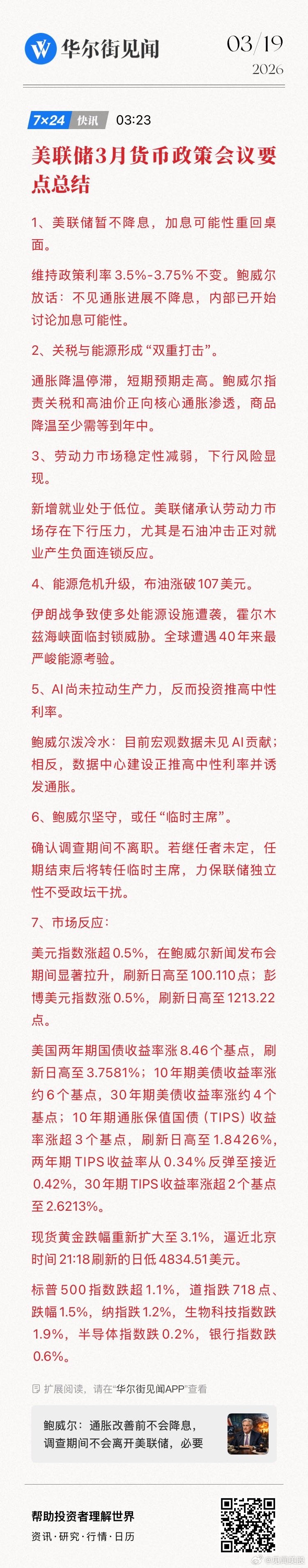 美联储3月货币政策会议要点总结。  网页链接 (来自