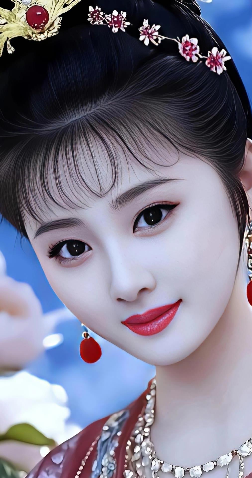 惊艳的古典美人，红唇与花饰相映成趣，宛如画中仙子。