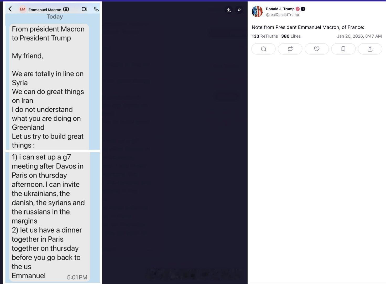 海外新鲜事 特朗普在社交网分享了法国总统马克龙发给他的短信：“我的朋友，我们在叙