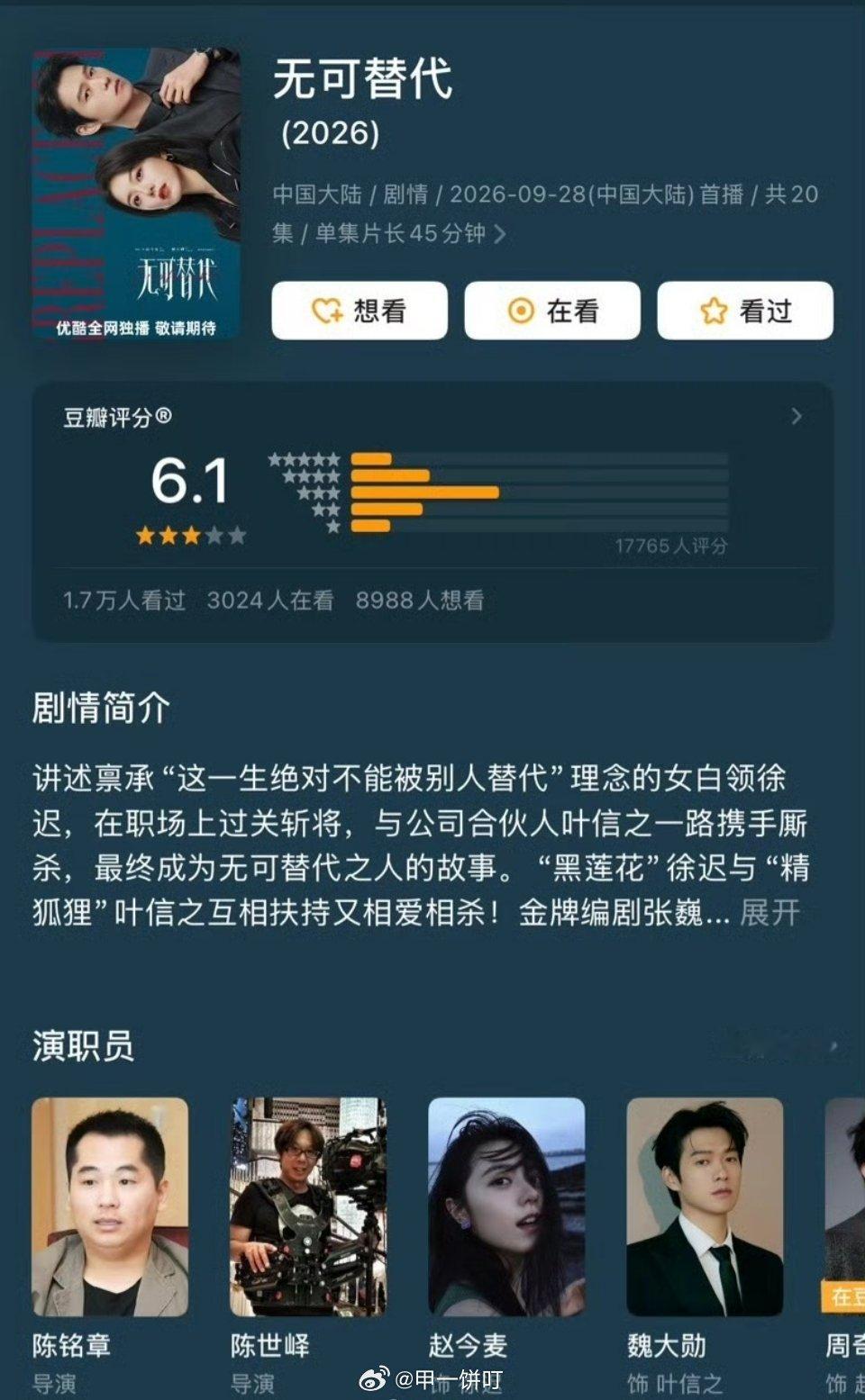 赵今麦、魏大勋《无可替代》豆瓣开分6.1（按姓氏笔画排序） ​​​