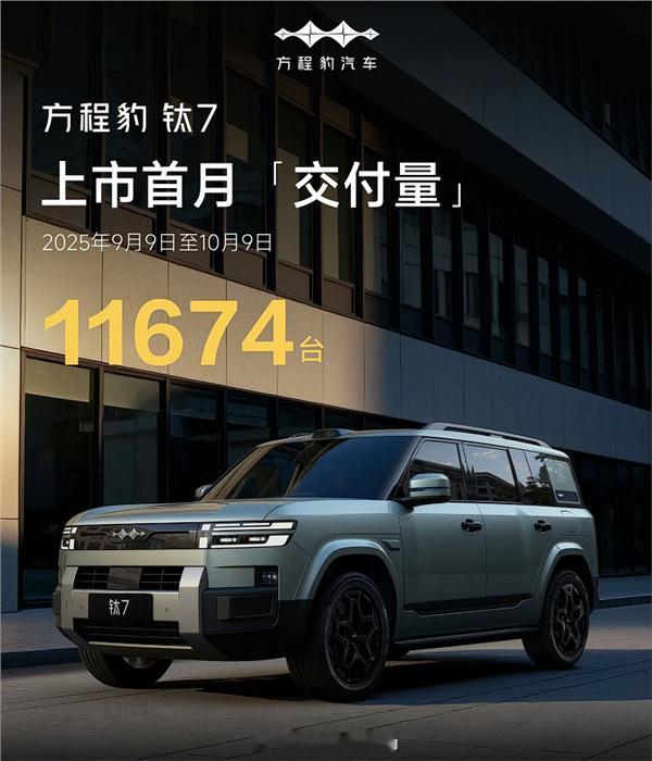 方程豹中大型方盒子SUV钛7上市首月交付11674台该车型9月9日上市，四款车型