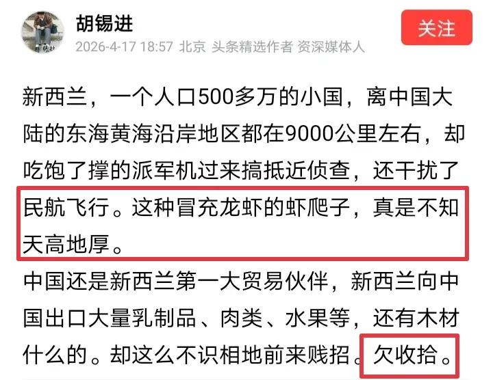 新西兰军机抵近我黄海东海空域，胡锡进反应强烈，又骂它“不知天高地厚”，又骂它“欠