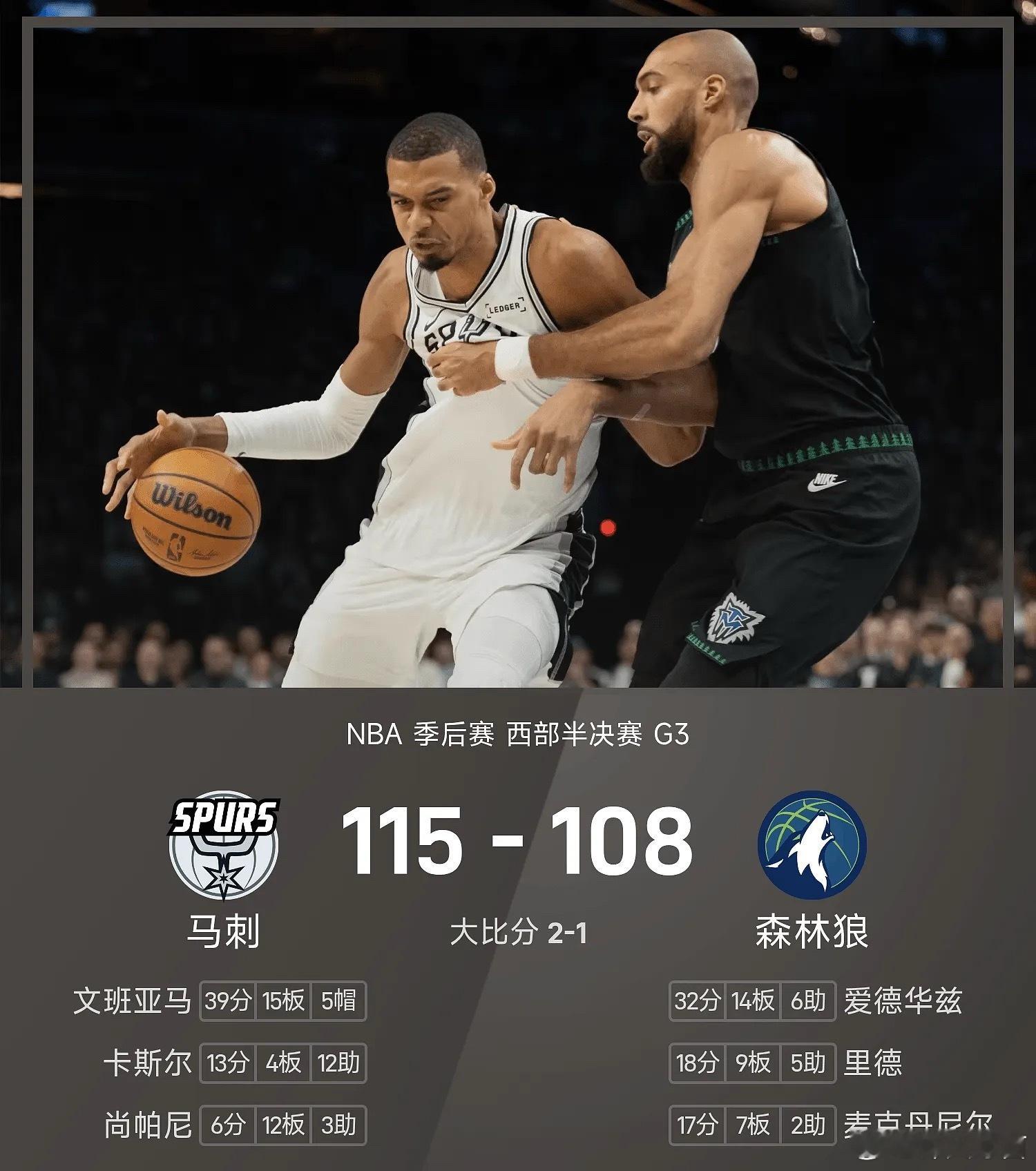 今日进行的NBA西区半决赛G3，森林狼主场迎战马刺。文班亚马全场统治攻防，末节狂