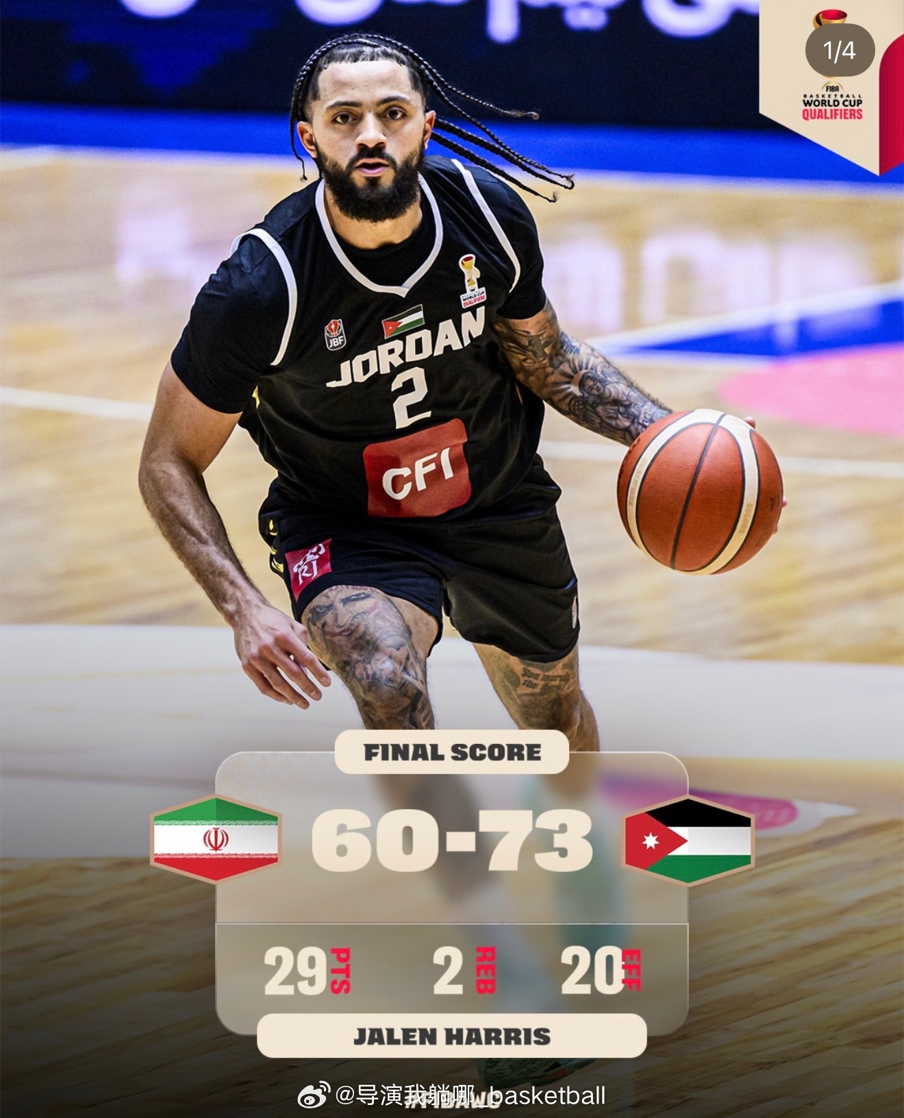 世预赛亚洲区爆出一个小冷门，前CBA外援杰伦哈里斯拿到29分带领约旦男篮掀翻传统