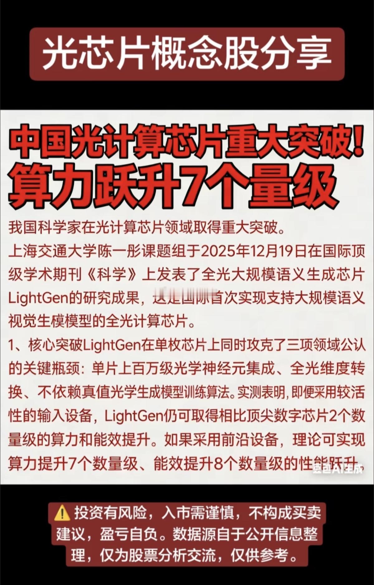 我国光计算芯片技术取得里程碑式突破！计算性能实现跨越式提升！近日，我国科研团队在