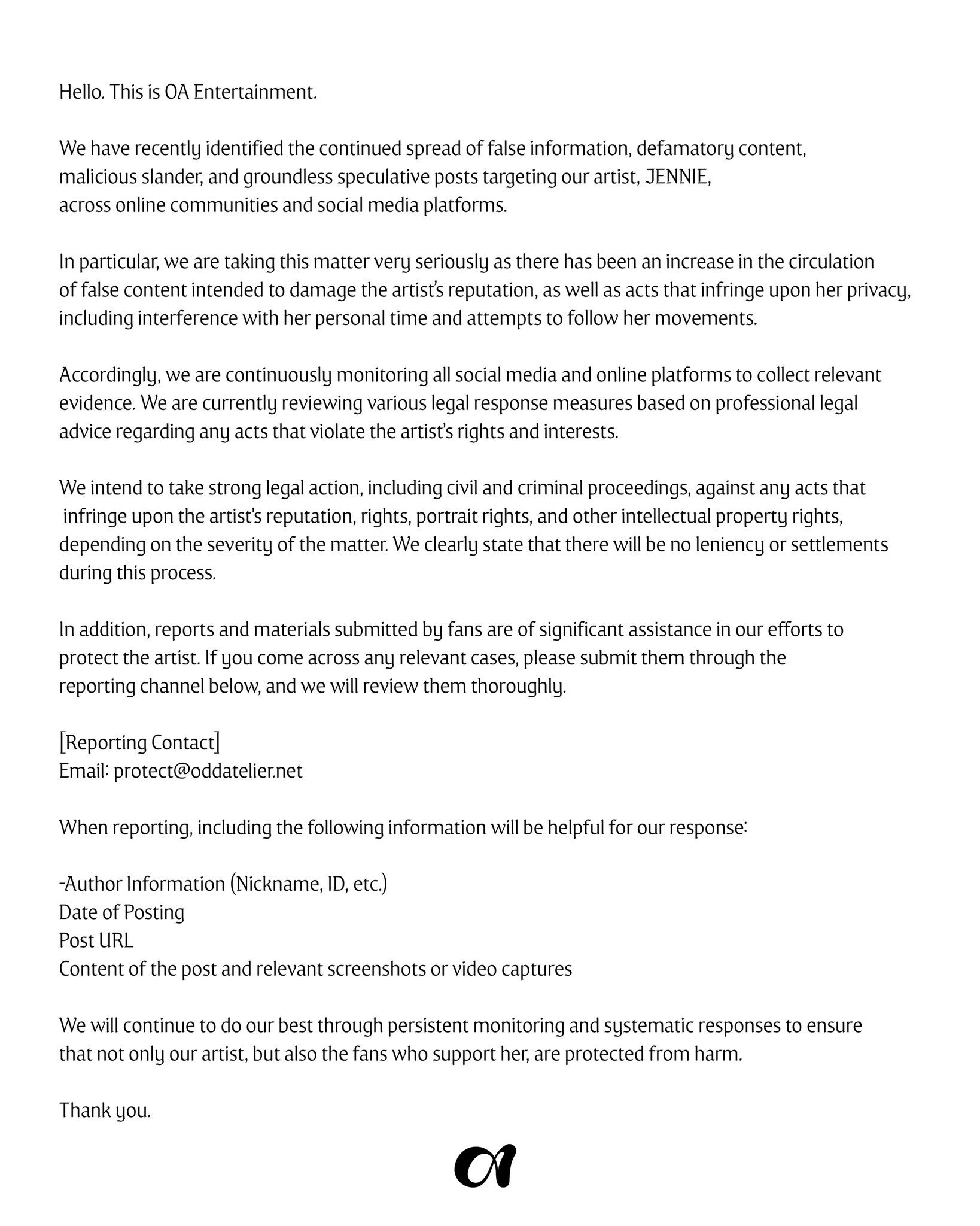 260309 OA更新Jennie相关公告❗『艺术家权利保护相关指南』“您好，这