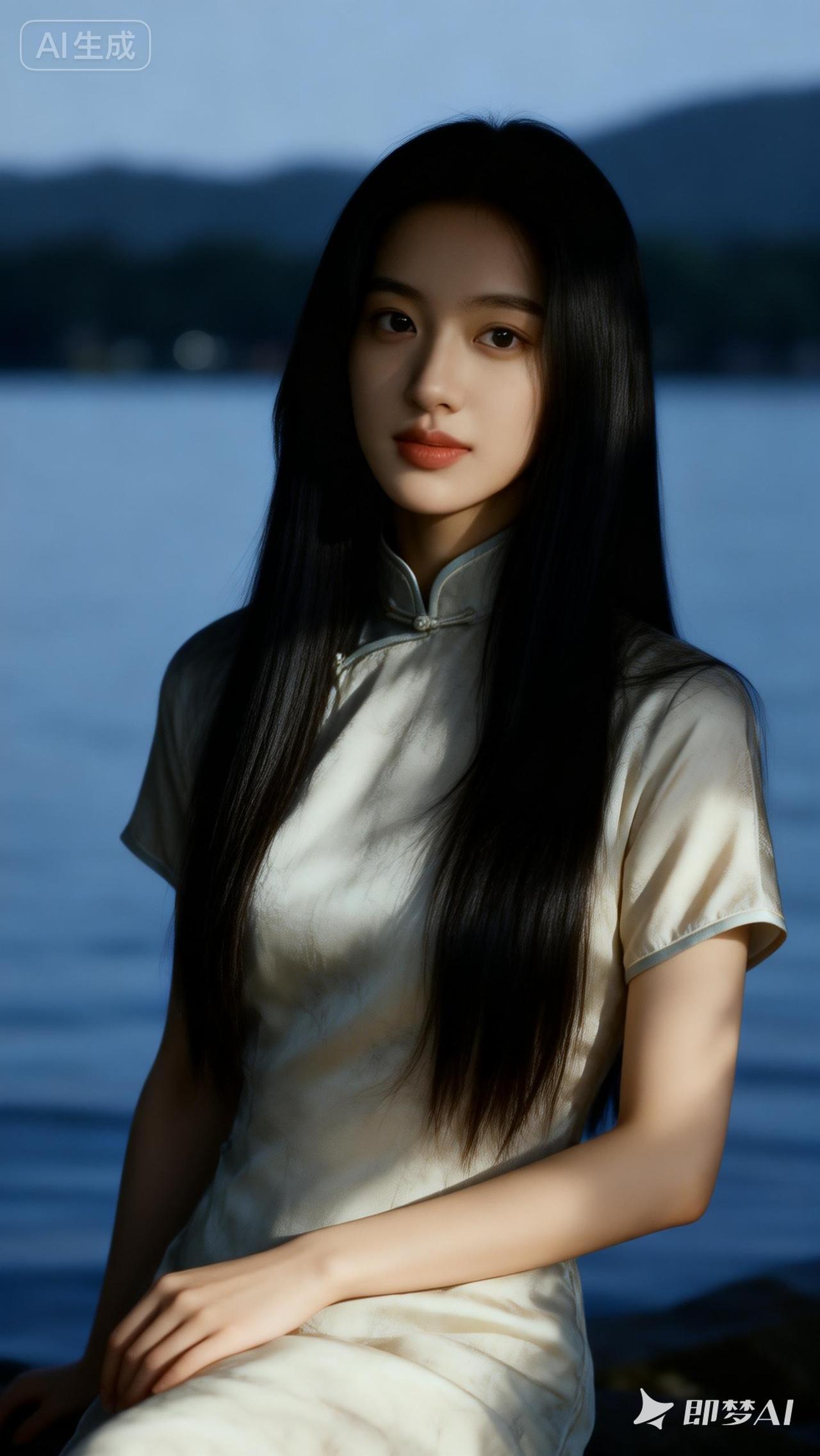 优雅东方美人，湖畔静谧时光