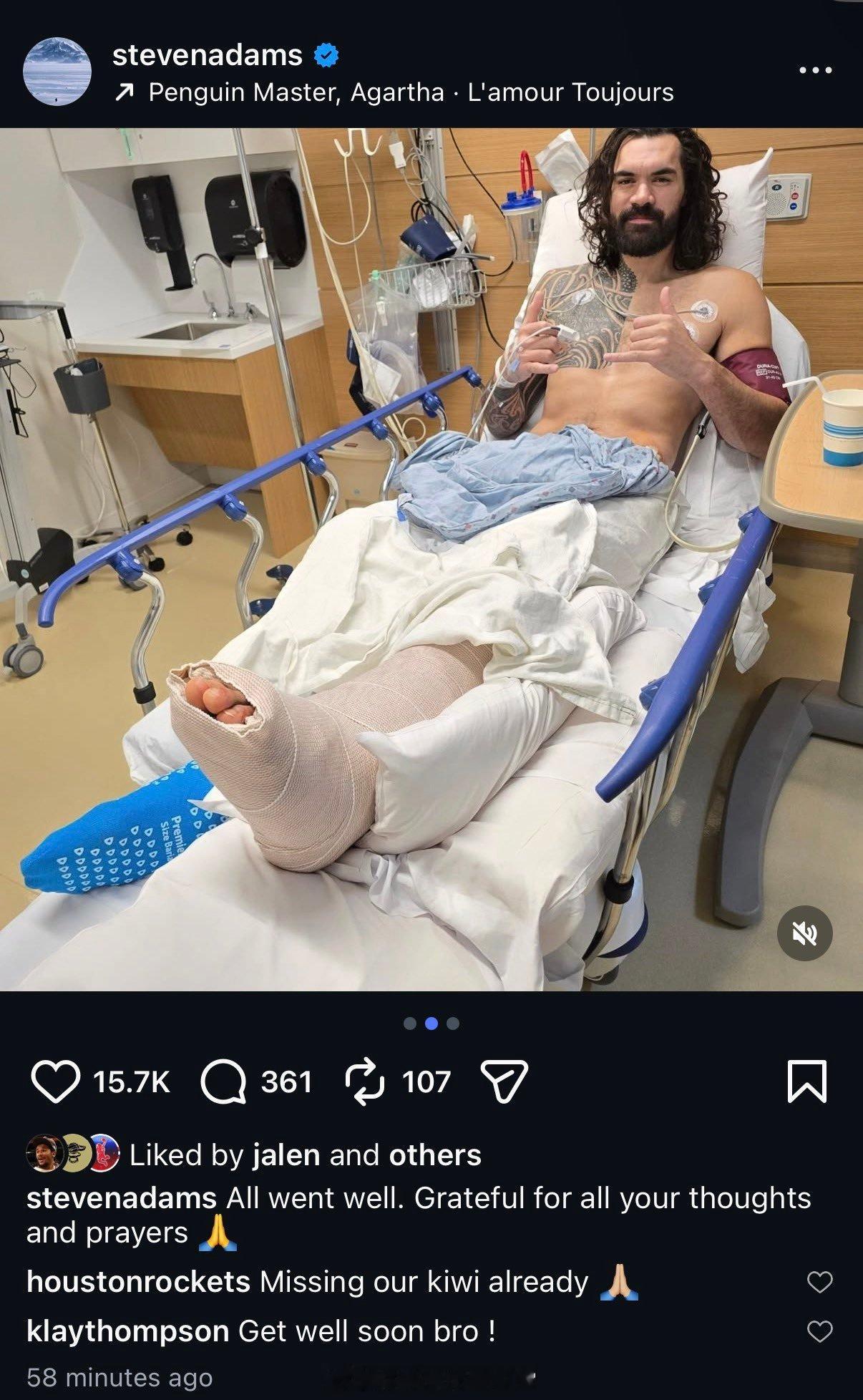 亚当斯更新ins：“一切都很顺利，感谢你们所有的关心和祈祷🙏。”亚当斯赛季报销