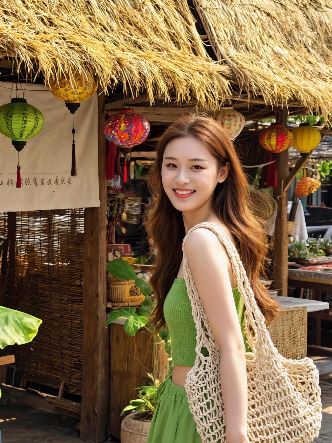 阳光穿过竹帘的缝隙，洒在青石板上，像一串串跳跃的音符。她站在茅草屋前，笑容比风铃