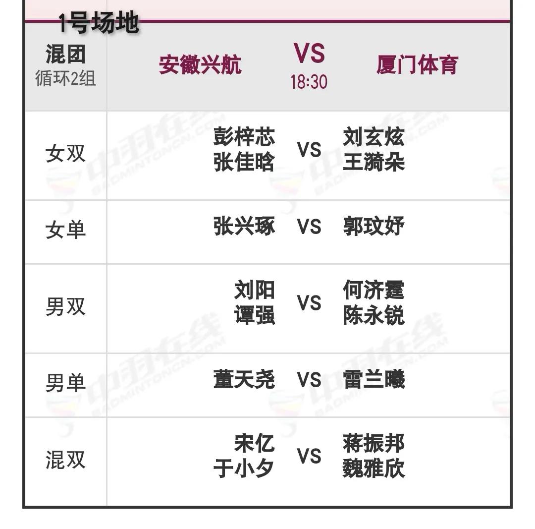 12月26日羽球俱乐部超级联赛晚场对阵安排

浙江杭州赛区，晚场18：30开始，